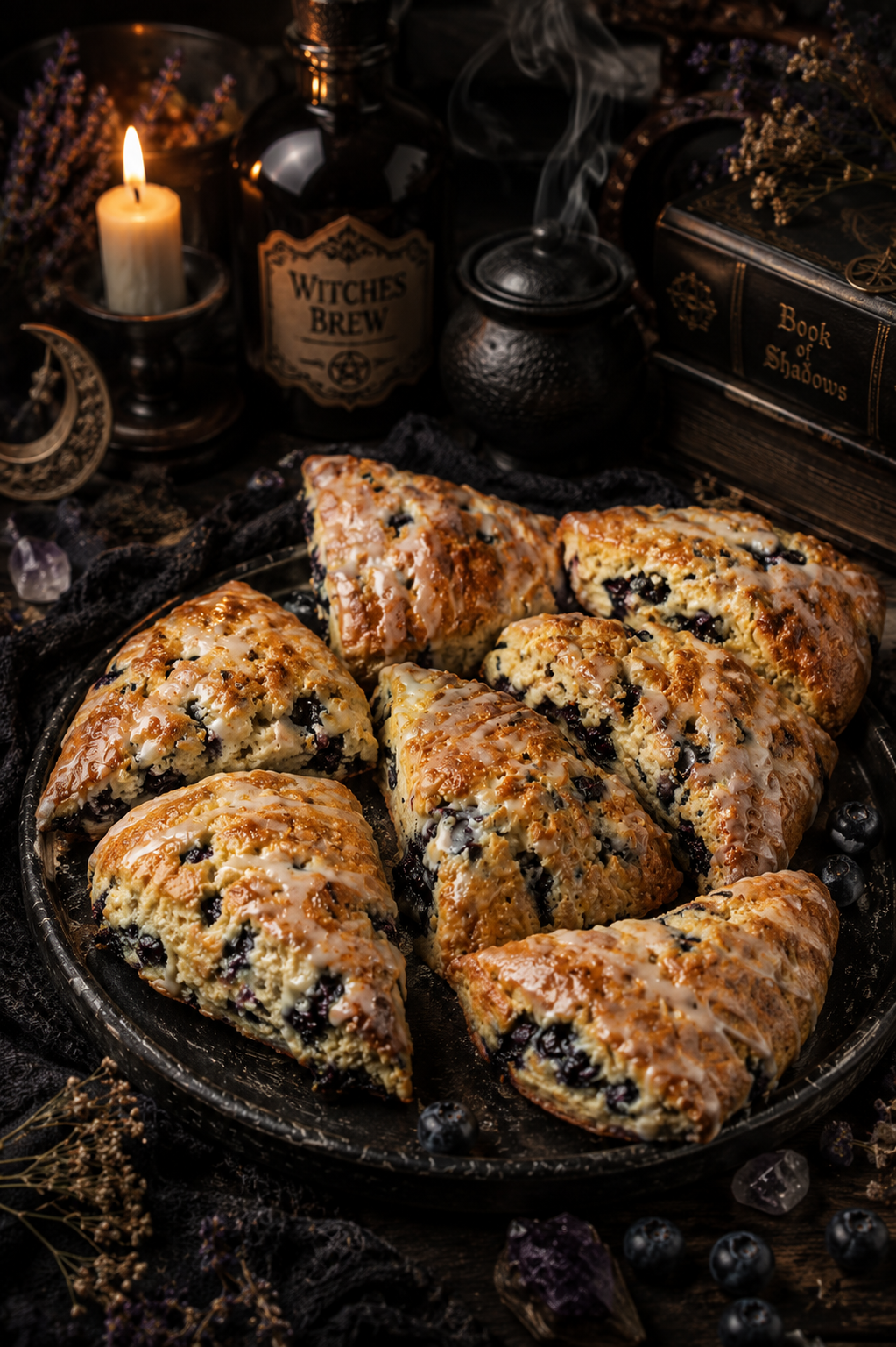 Sliced blueberry scones on a black plate surrounded by dried flowers, gemstones, and mystical objects, with a lit candle, a bottle labeled 'Witches Brew', a smoking cauldron, and books in the background, creating a witchcraft-inspired aesthetic.