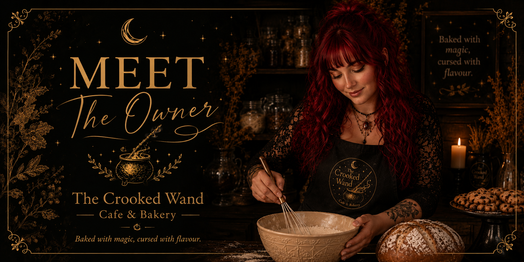 A woman with red curly hair, wearing black lace sleeves and a black apron with the logo 'The Crooked Wand Cafe & Bakery,' is whisking a mixture in a cream-colored bowl. The background is decorated with candles, jars, dried flowers, and a sign stating 'Baked with magic, cursed with flavour.' A chocolate chip loaf and powdered pastry are on the counter. The overall theme has a dark, magical, witchy aesthetic.