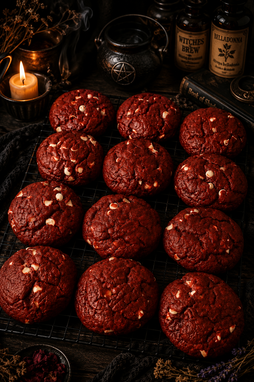 A batch of red velvet cookies with white chocolate chips cooling on a wire rack. Surrounding the cookies are a lit candle, black bottles labeled 'Witches Brew' and 'Belladonna,' and vintage books, creating a dark, mystical atmosphere.
