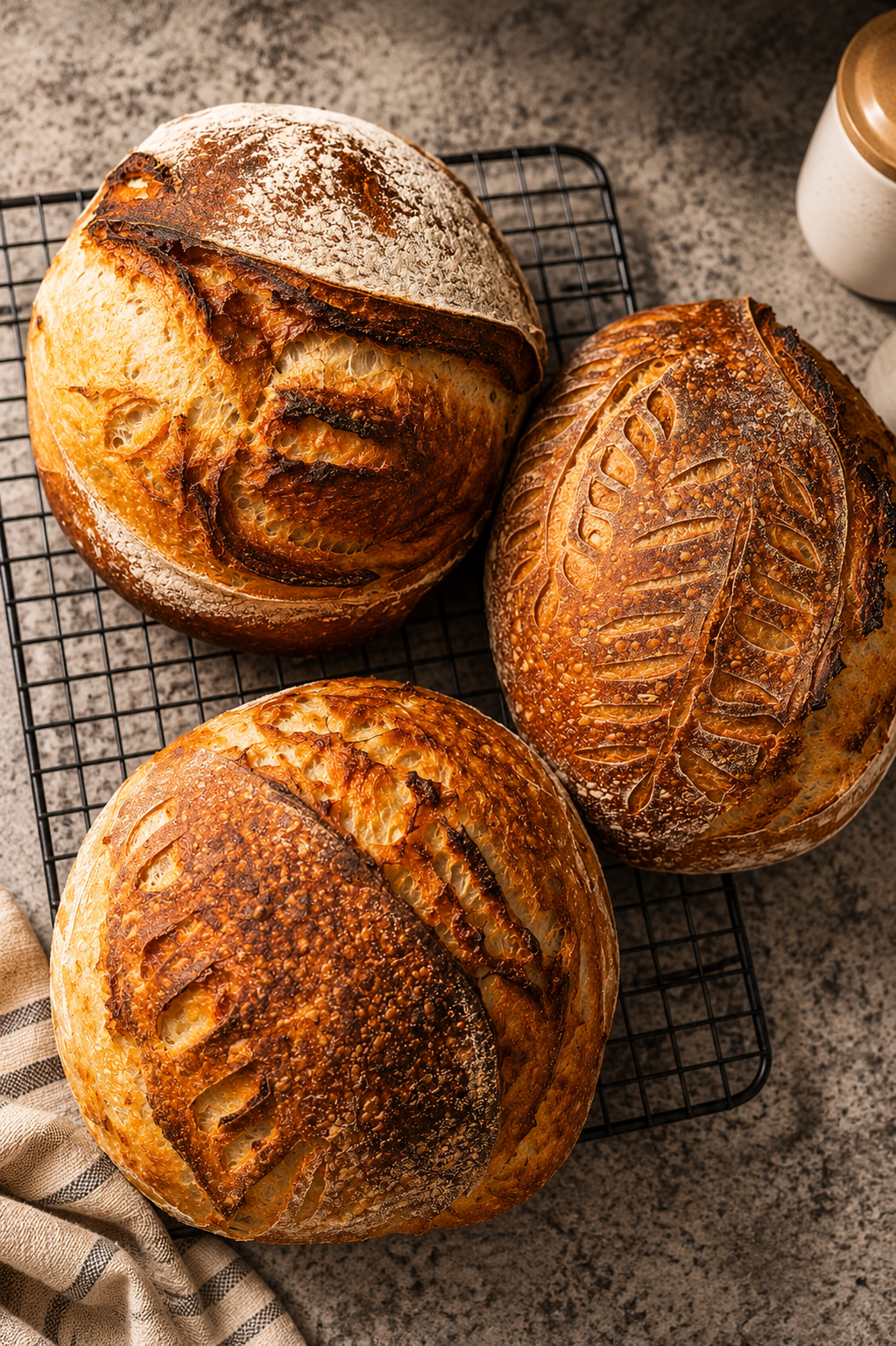 Three freshly baked sourdough bread loaves cooling on a wire rack, with a textured countertop and a cup in the background.