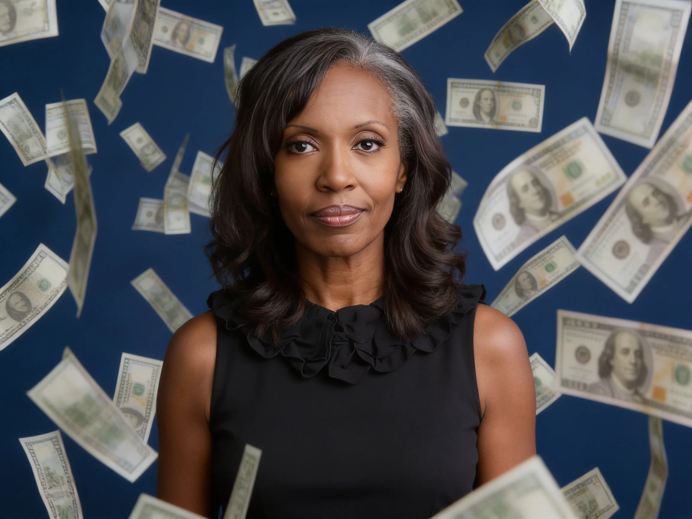 Confident Black woman surrounded by hundred dollar bills — women and retirement planning