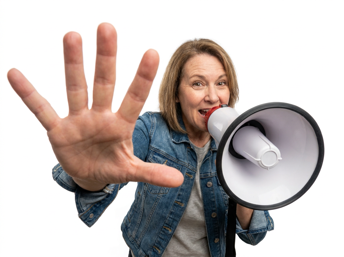 Person holding a megaphone and signaling stop with their hand — representing a warning about oversaving or hoarding retirement money