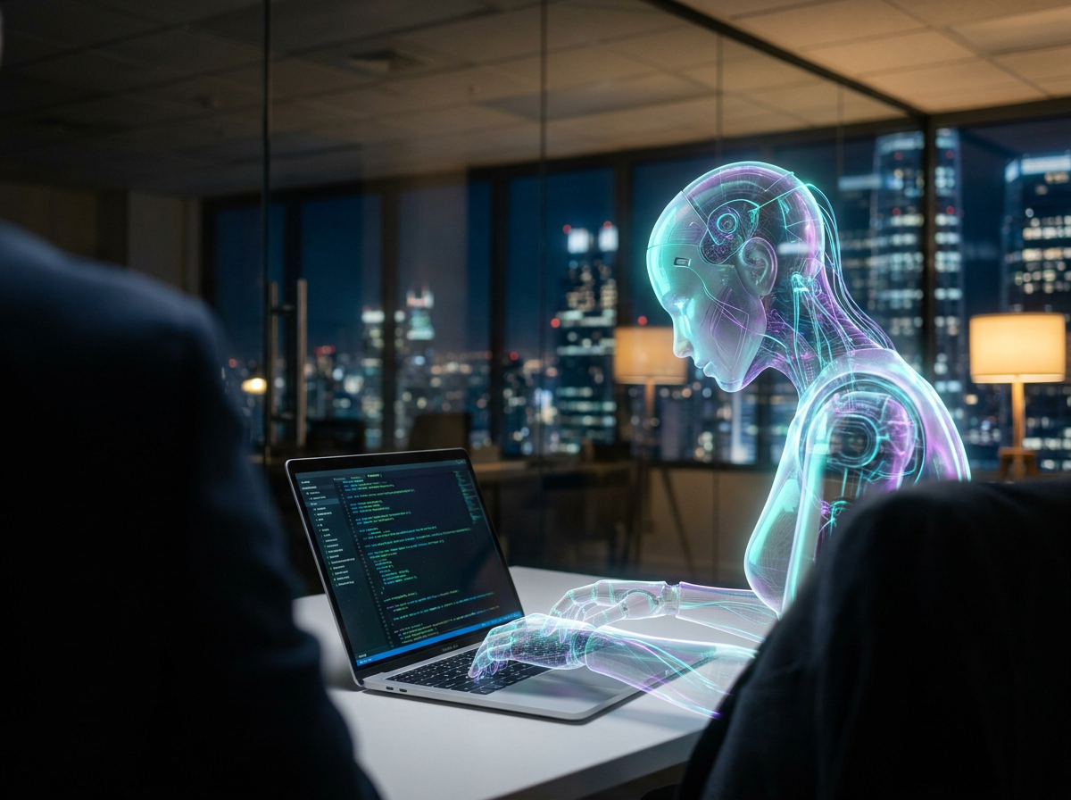 Futuristic humanoid robot working on a laptop in a nighttime office overlooking a city skyline, symbolizing artificial intelligence performing human-like tasks