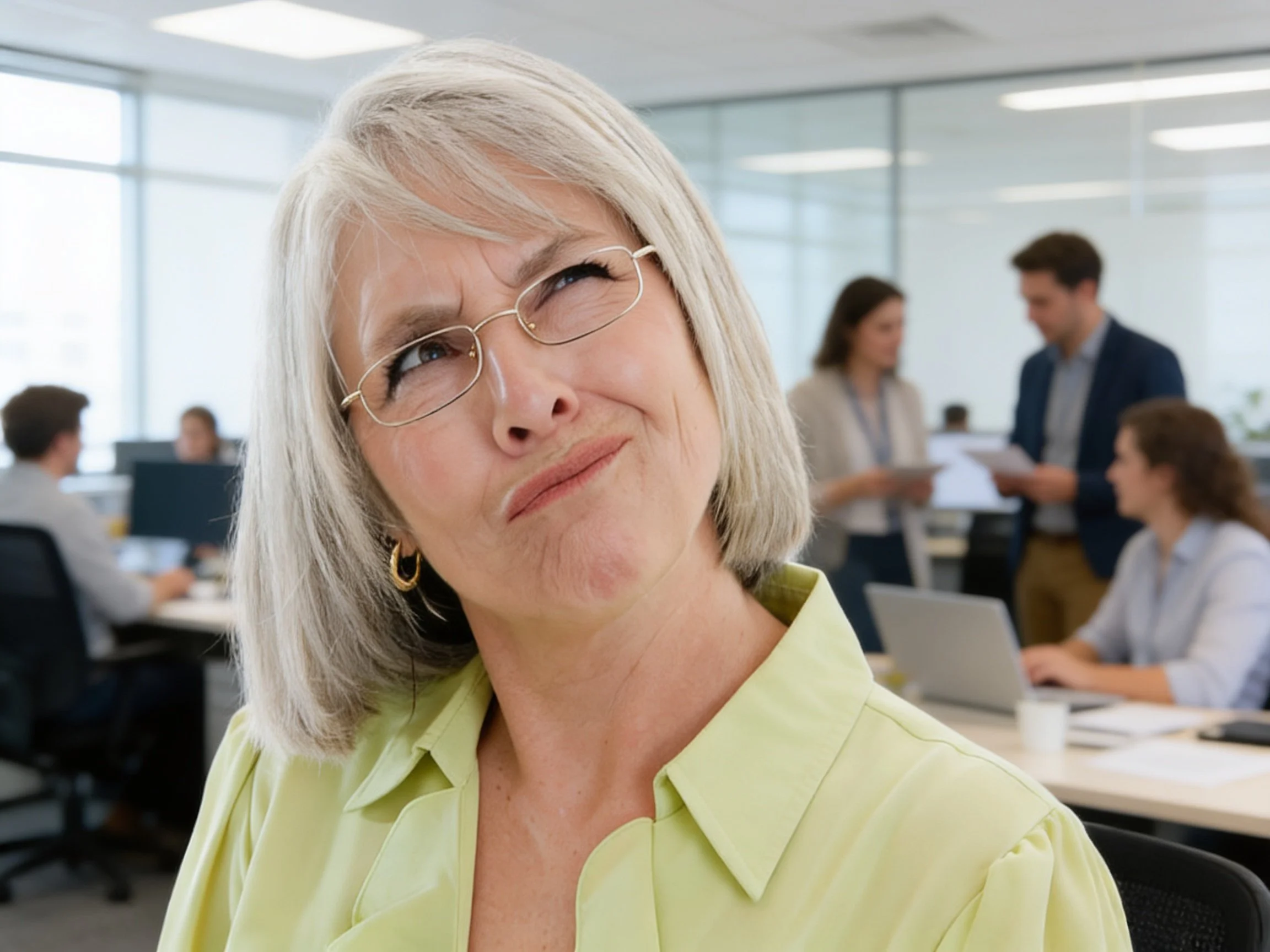 Older professional woman with short gray hair and glasses working in a modern office, looking thoughtful while colleagues collaborate in the background.