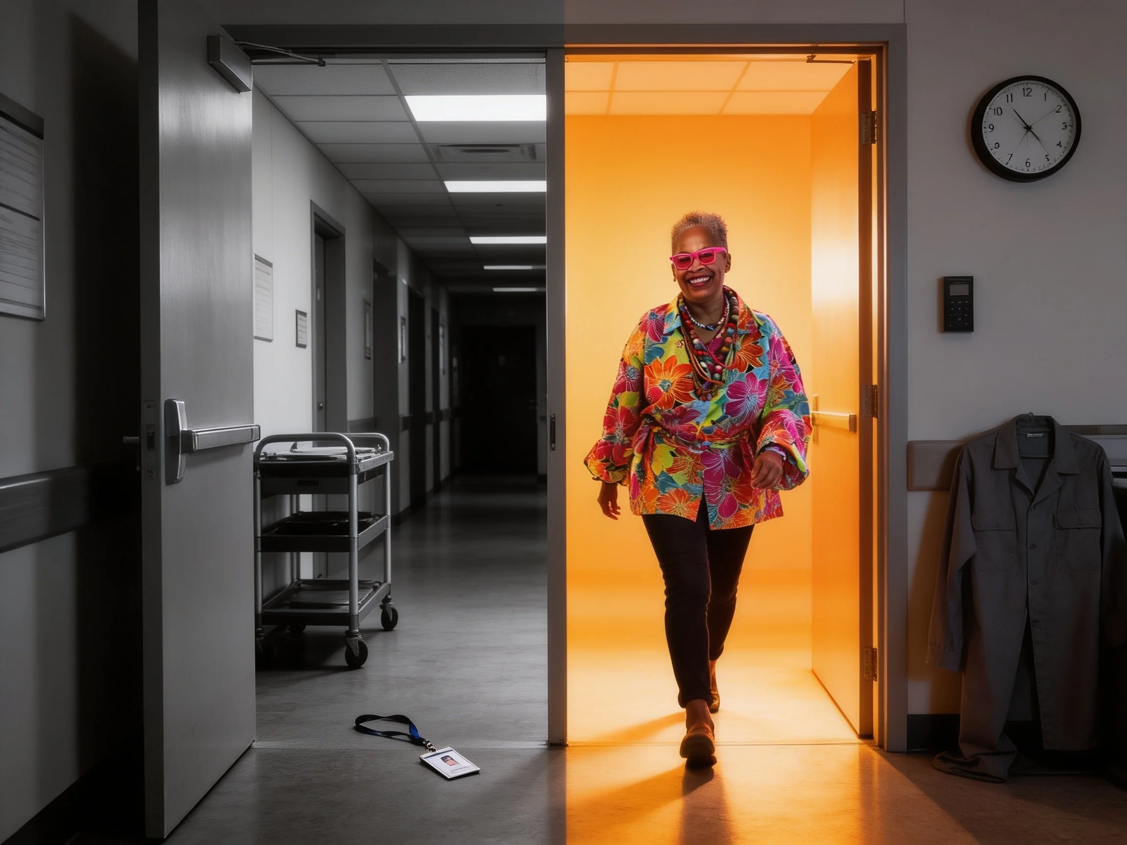 Older woman stepping through a doorway from a gray office life into vibrant color, laughing as she begins retirement on her own terms