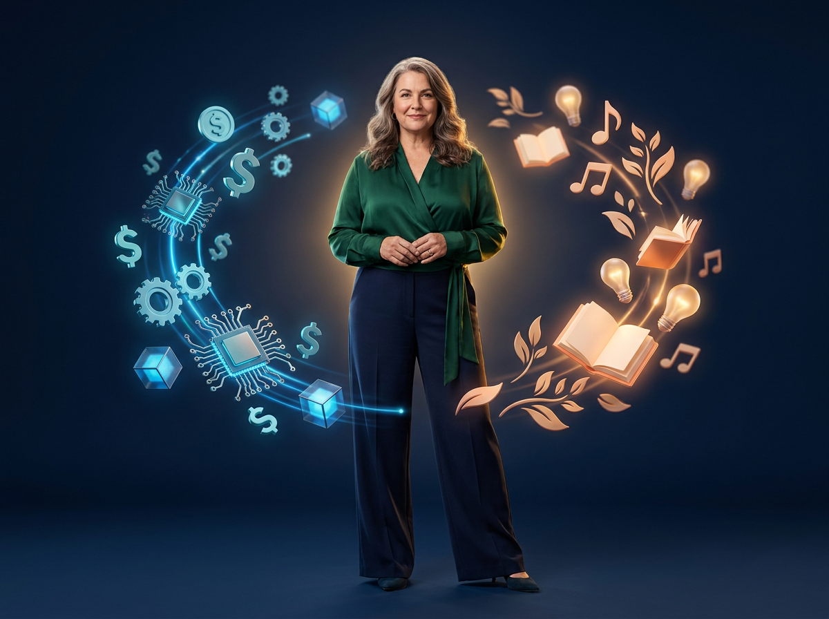 Woman standing between glowing digital icons representing technology and creativity, symbolizing how creators thrive in the AI era