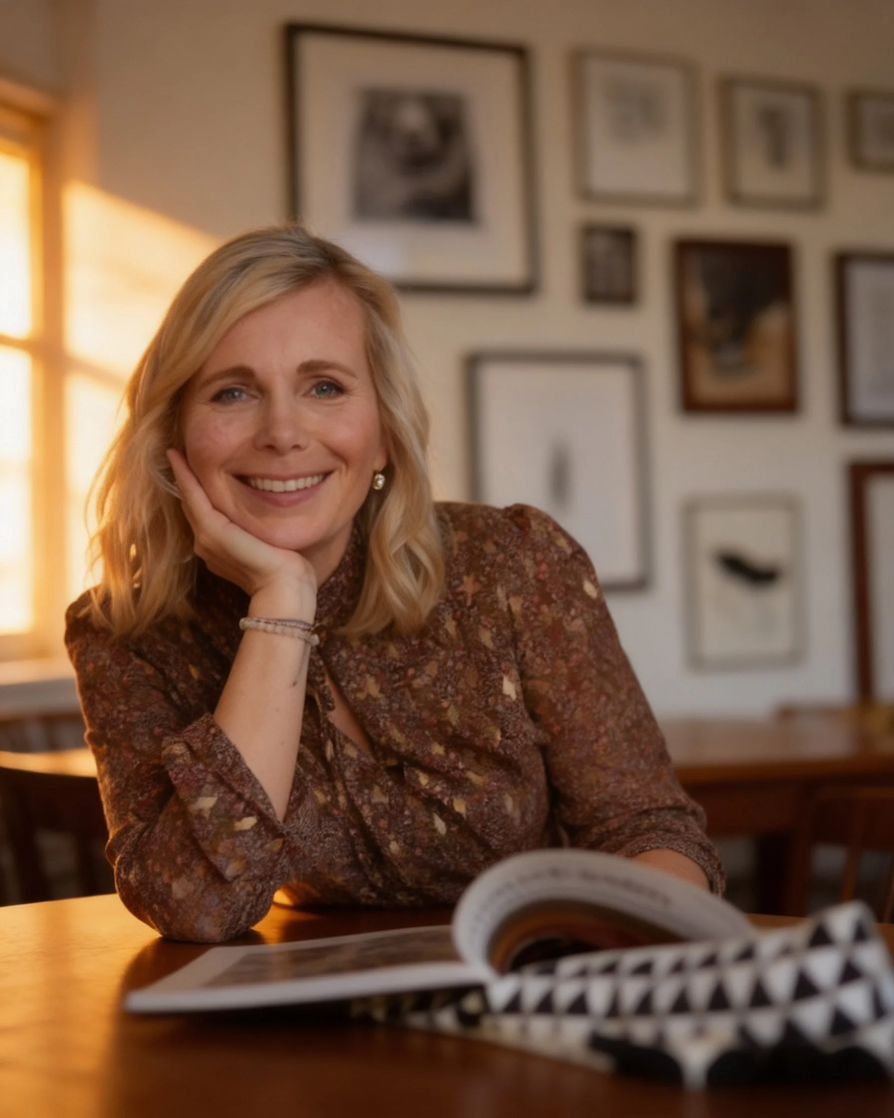 A woman with blonde hair smiling and resting her chin on her hand, sitting at a table with an open book or magazine, in a cozy room with framed pictures on the wall and warm sunlight coming through a window.