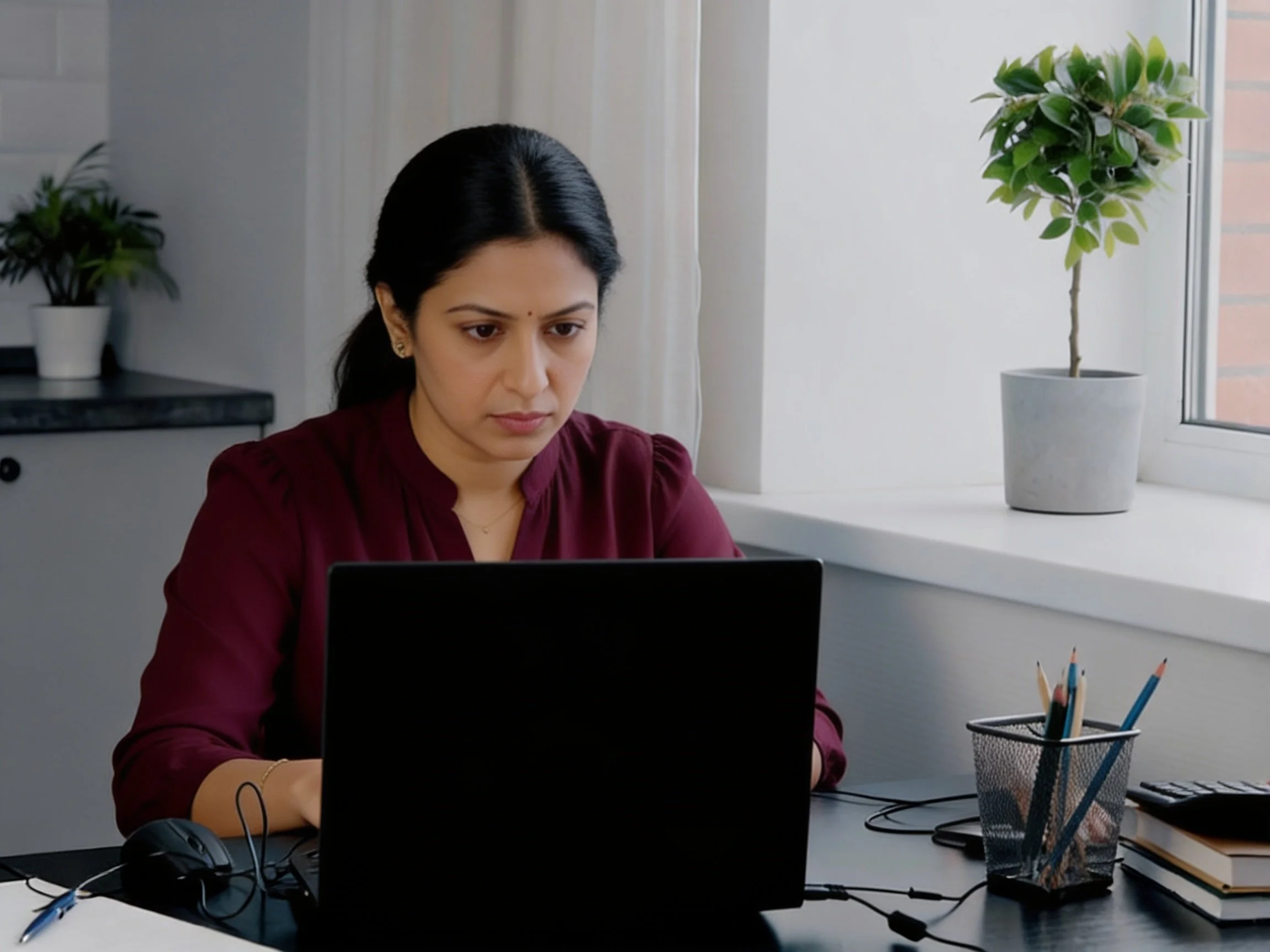 Woman in career transition preparing for a video interview at home office