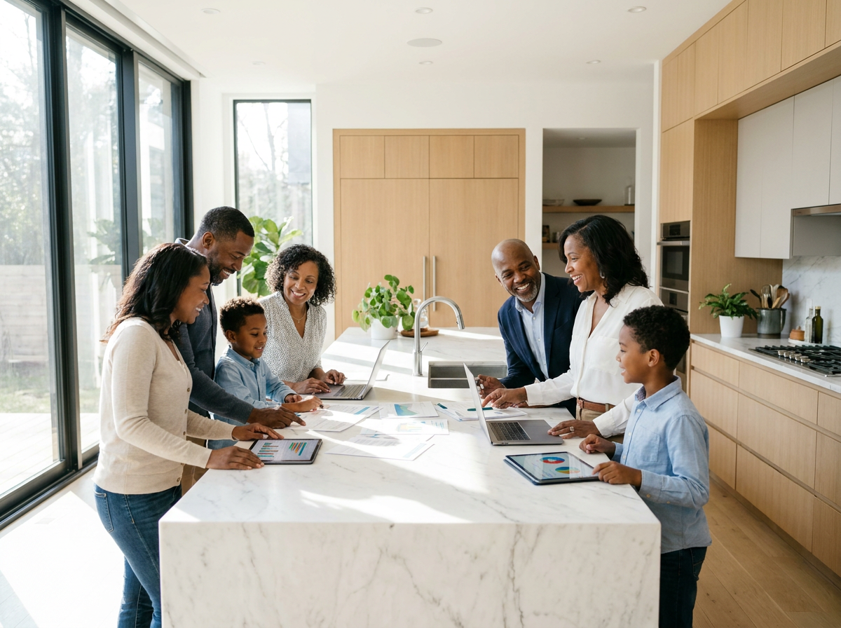 Group of adults gathered around a kitchen island reviewing financial charts and documents, symbolizing family involvement in estate planning