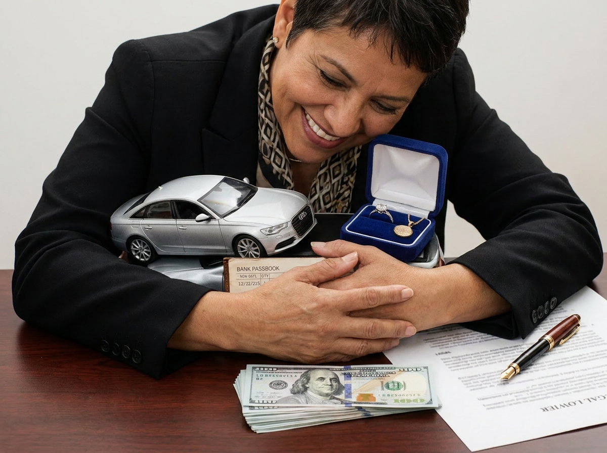 Smiling woman leaning over personal valuables — jewelry, a model car, and a bank passbook — symbolizing the importance of estate planning