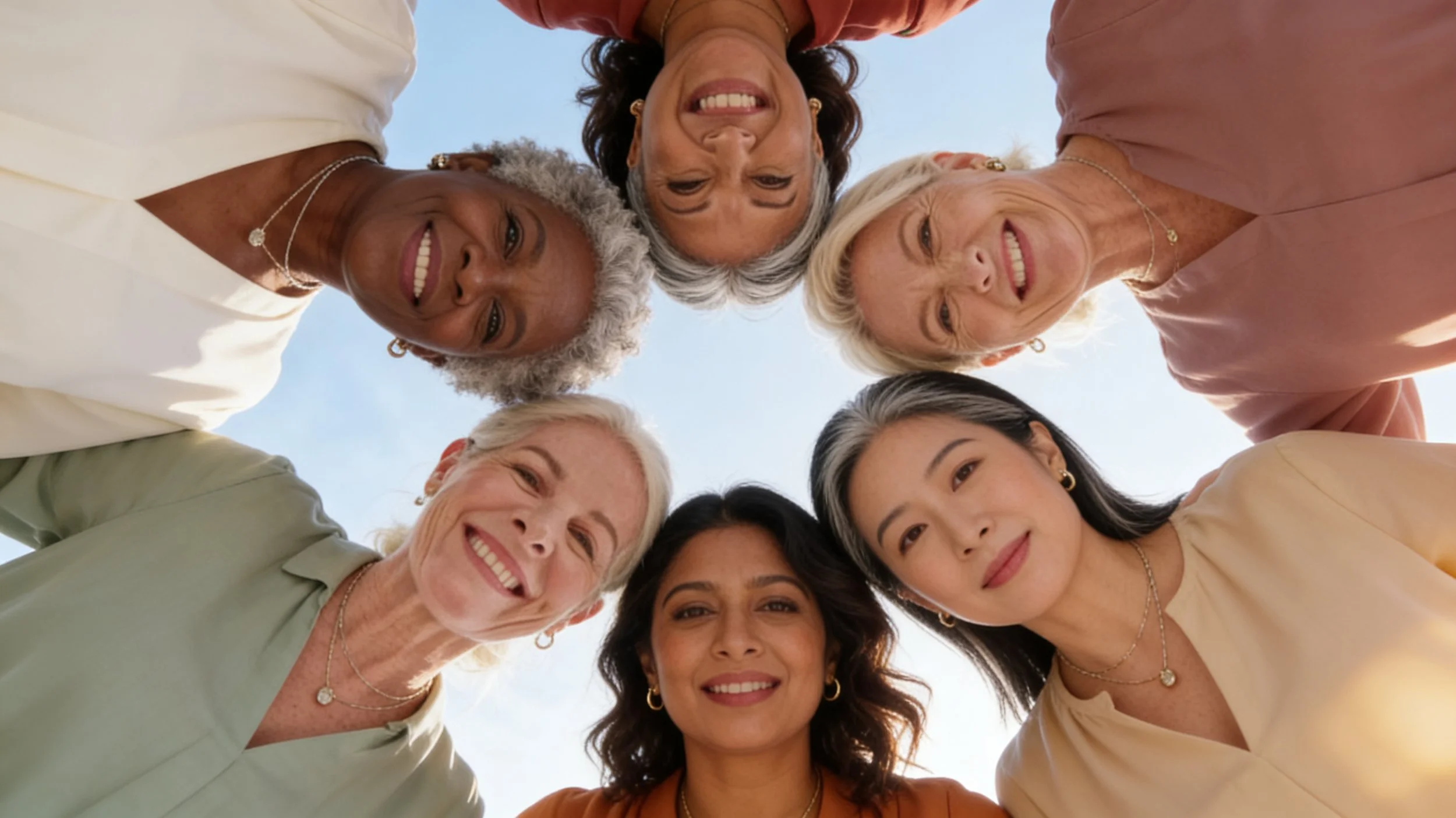 A diverse group of women standing in a circle, looking down into the camera, with their heads close together, smiling, and the sky visible overhead.