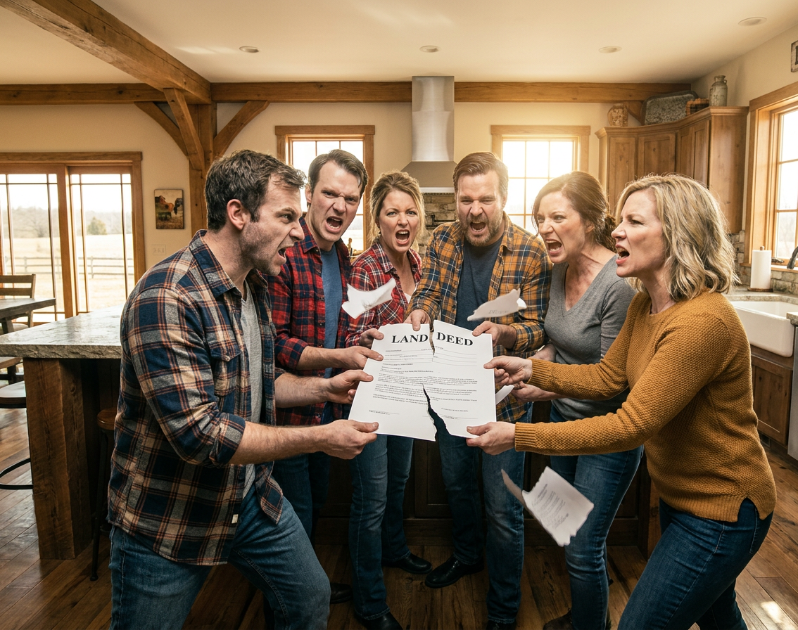 Family arguing and tearing a land deed in a kitchen, symbolizing conflict over inheritance and estate planning