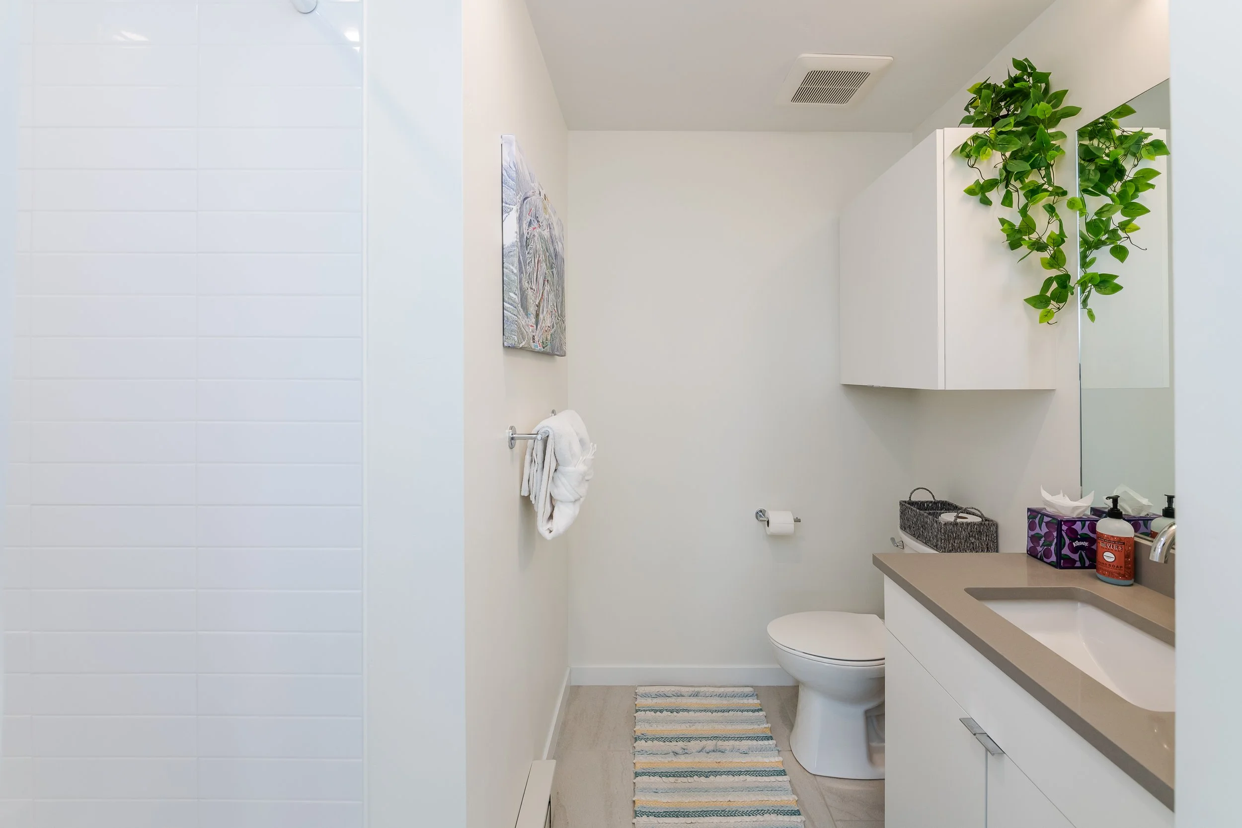 Clean bathroom with white walls, white tile on one wall, a white cabinet above the toilet, and a beige countertop with a sink. There is a mirror above the sink and a potted plant on top of the cabinet. A colorful striped rug is on the floor in front 
