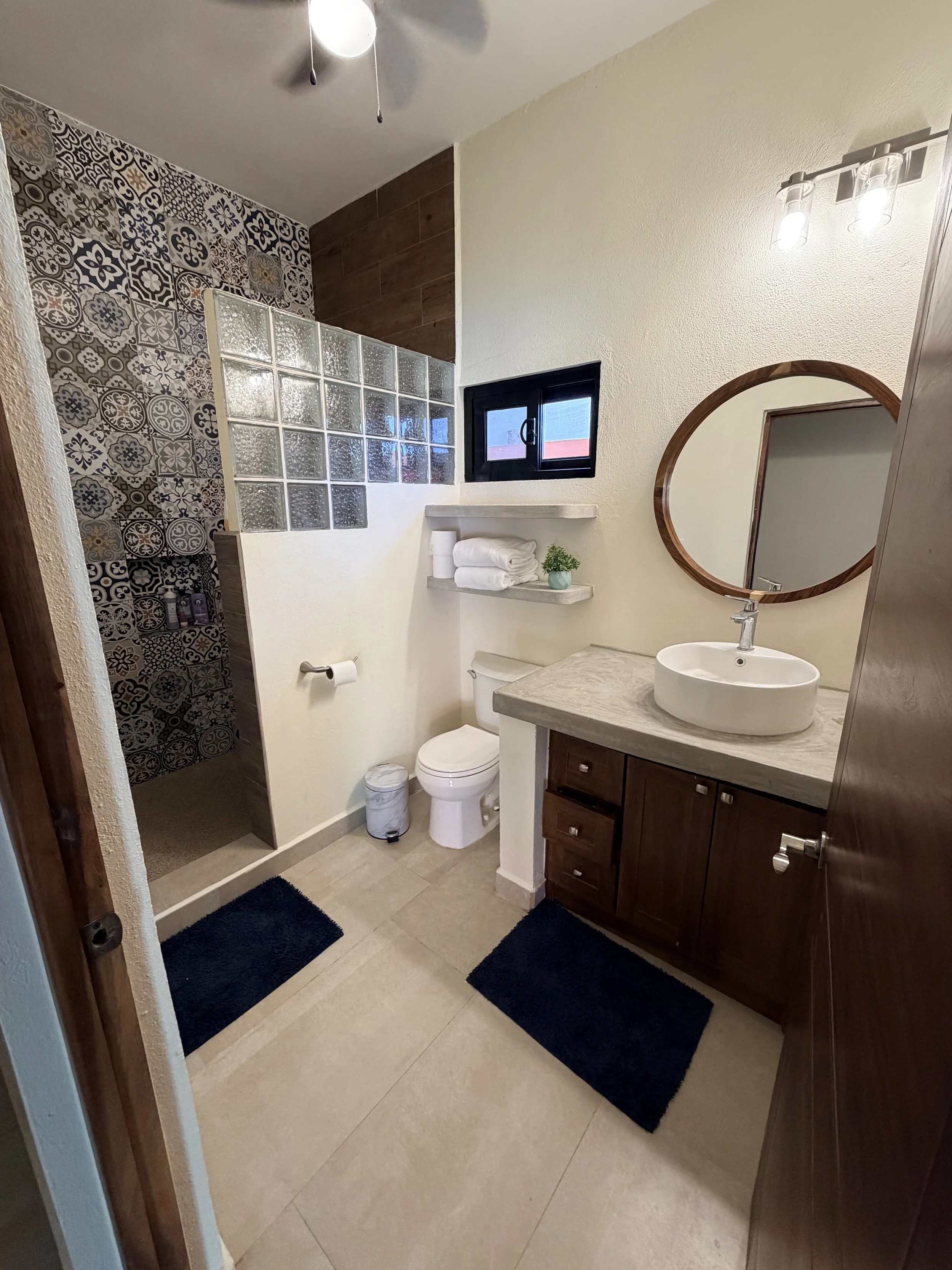 A bathroom with a shower area separated by glass blocks, a toilet, a vanity with a vessel sink, a round mirror, a small window, and shelves with towels and a plant. The floor has two black rugs.