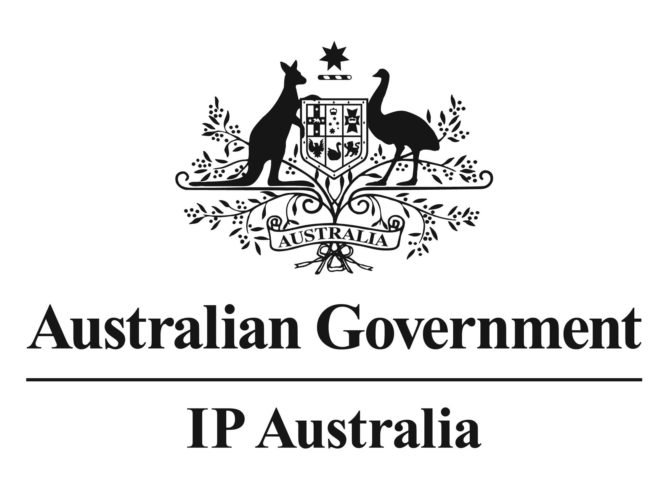Black and white emblem of the Australian government featuring a kangaroo and an emu, a shield with various symbols, and the word 'Australia' on a banner, with the text 'Australian Government' and 'IP Australia' below.
