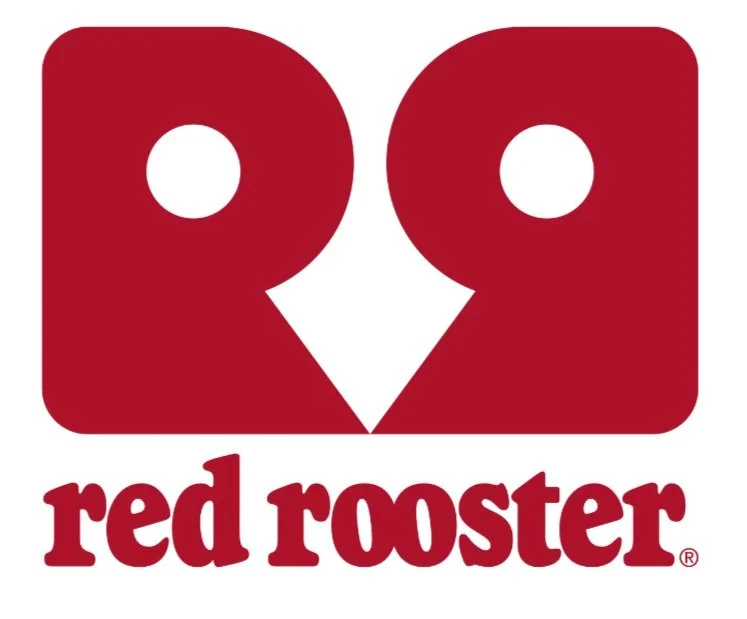 Red Rooster logo featuring a stylized rooster face in red with a white beak and two circular eyes, and the words "red rooster" beneath it.