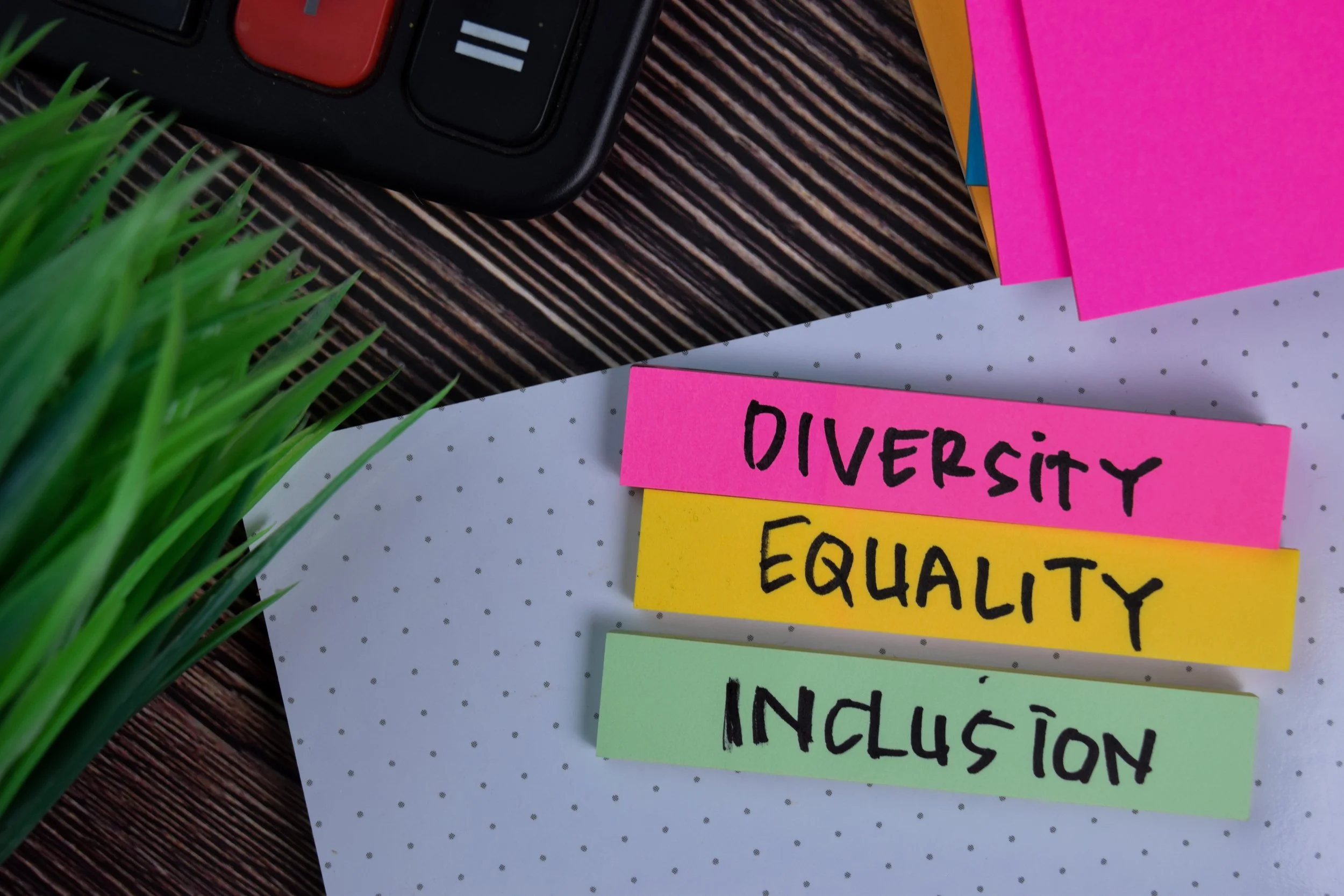 Colorful paper strips with the words 'DIVERSITY,' 'EQUALITY,' and 'INCLUSION' written on them, placed on dotted paper, with a black calculator and pink paper in the background, a green plant on the left side, all on a wooden surface.