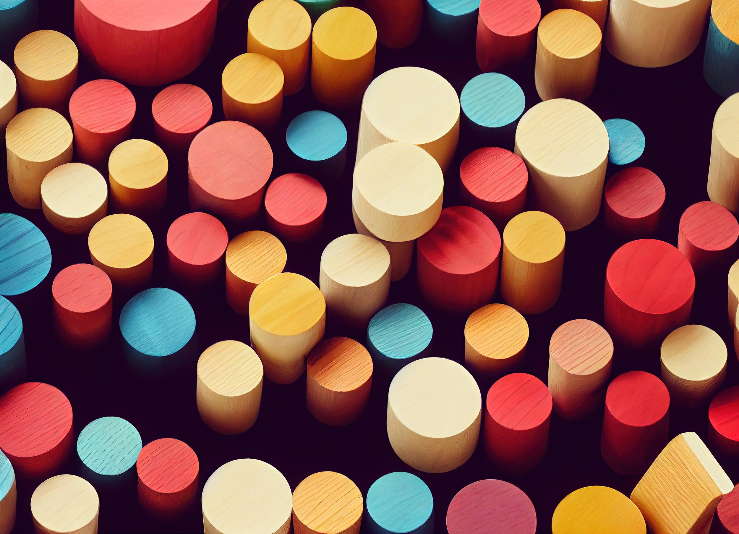 acolorful collection of wooden cylindrical blocks with various colors including yellow, red, blue, white, and natural wood tones, viewed from above.