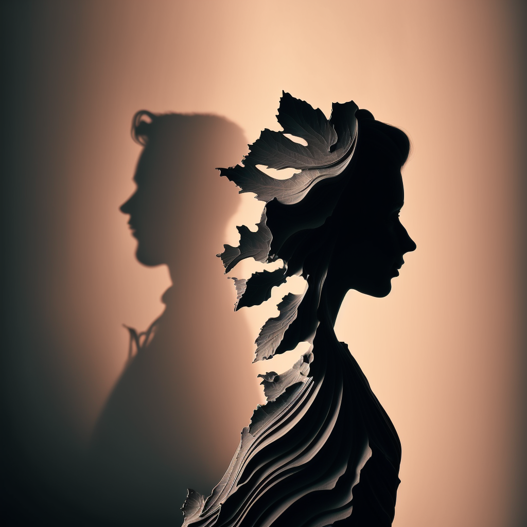 Silhouettes of a man and a woman, with the woman's profile filled with leaf and floral patterns, creating a layered, artistic effect.