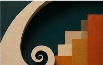 Close-up of a decorative staircase with curving and geometric shapes in warm colors.