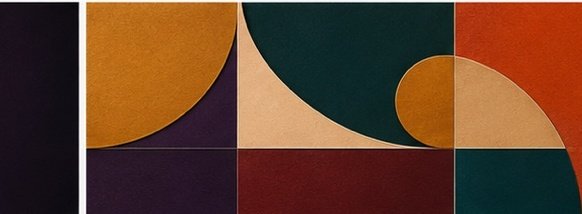 Abstract geometric artwork with circles and rectangles in shades of dark green, orange, beige, and purple.
