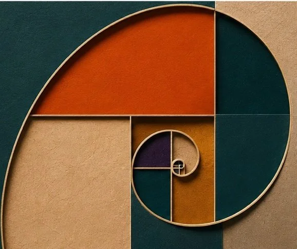 A geometric wall art piece featuring a Fibonacci spiral pattern with colorful rectangular and square sections in shades of orange, teal, beige, purple, and brown.