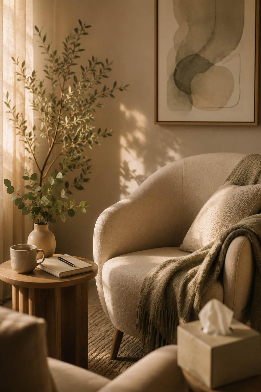 A cozy living room corner with a beige armchair, a small wooden side table, a potted plant, a coffee mug, a closed notebook, a pen, a framed abstract artwork, a tissue box, and warm sunlight filtering through curtains.