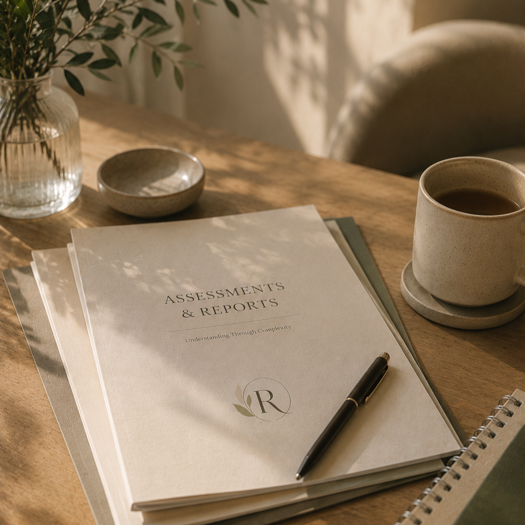 A desk with a folder titled 'Assessments & Reports,' a black pen, a notebook, a cup of coffee, a small bowl, and a glass vase with green leaves, lit by natural sunlight.