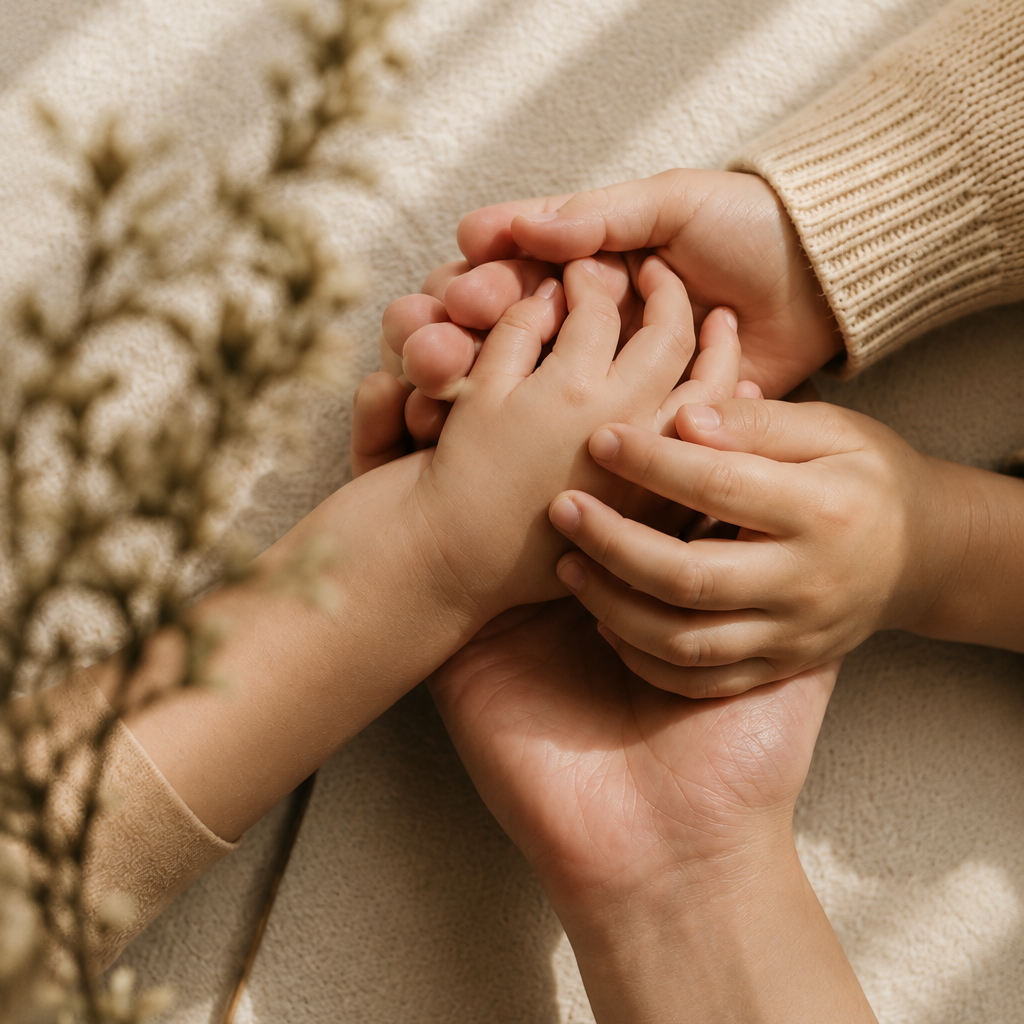 A close-up of an adult holding hands with two children, with children’s hands clasped over the adult’s palm.