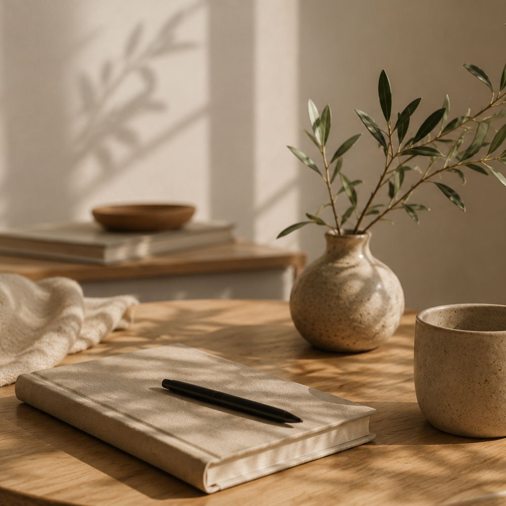 A cozy desk scene with a closed notebook and black pen on top, a speckled ceramic cup, a ceramic vase with green leafy branches, and a stack of books with a small dish, illuminated by soft natural light.