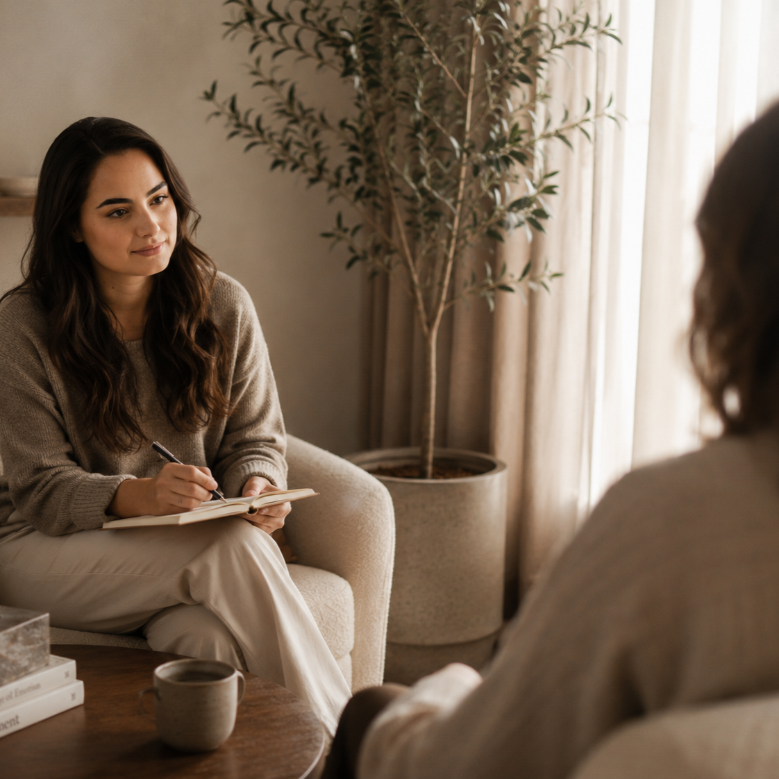 A woman with long dark hair wearing a beige sweater takes notes while talking to another woman in a cozy room with natural light, a large potted plant, and a coffee cup on the table.