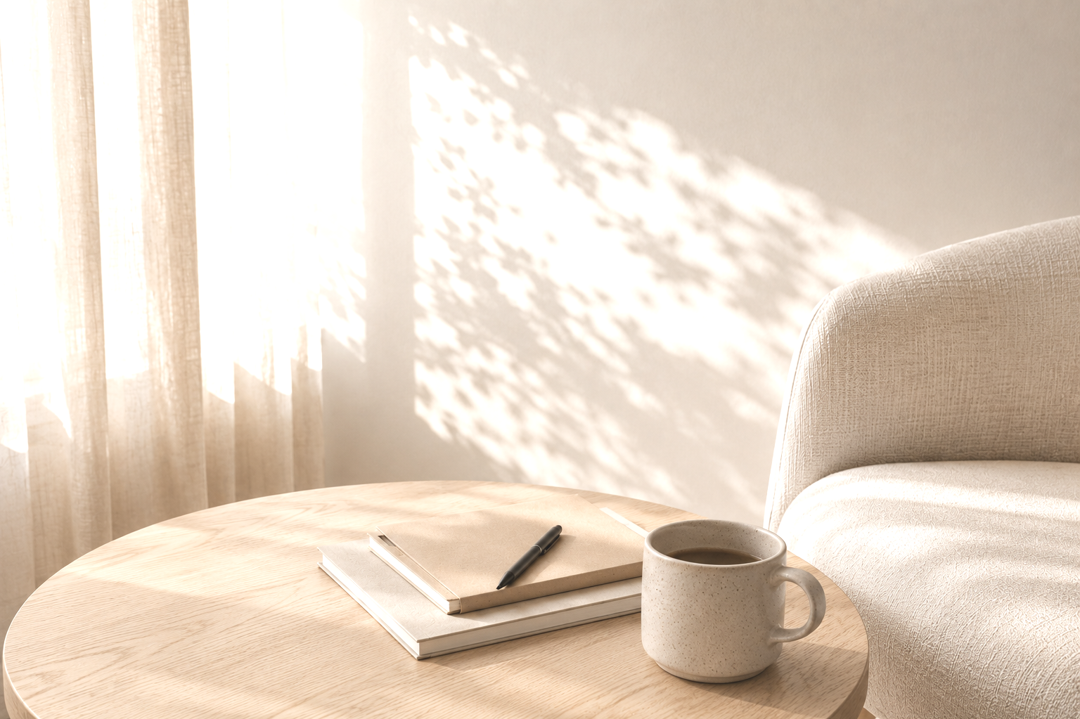 A cozy corner with a round wooden table, a white ceramic mug, and a closed notebook with a pen on top, near a light-colored upholstered chair. Sunlight filters through sheer curtains, casting shadows on the wall.