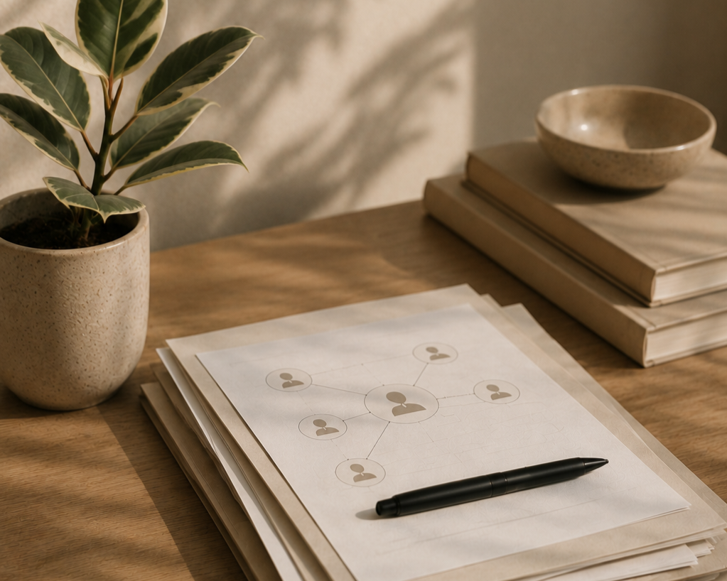 A workspace with a potted variegated plant, a stack of books with an empty bowl on top, a printed diagram of a network or flowchart with icons of people connected by lines, and a black pen on top of some papers on a wooden table.