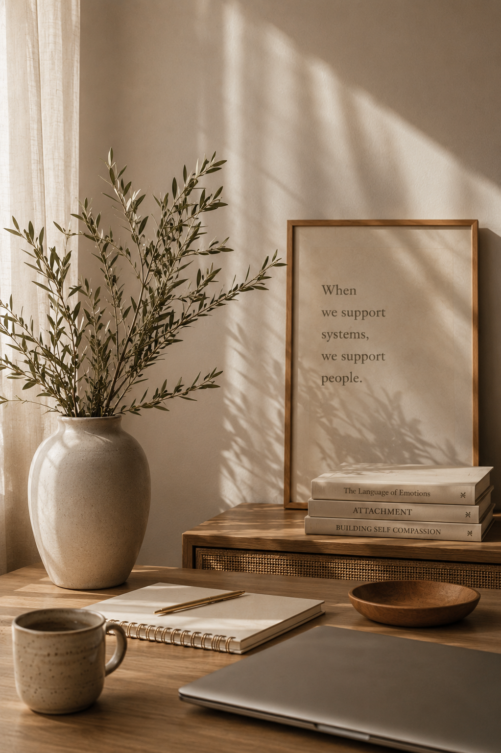 A desk with a beige vase holding green leafy branches, a framed quote on the wall reading "When we support systems, we support people," a small wooden bowl, a copy of a magazine or book titled "The Language of Emotions," and a stack of books on self-awareness and compassion, with a laptop, a notebook, and a cup of coffee nearby.