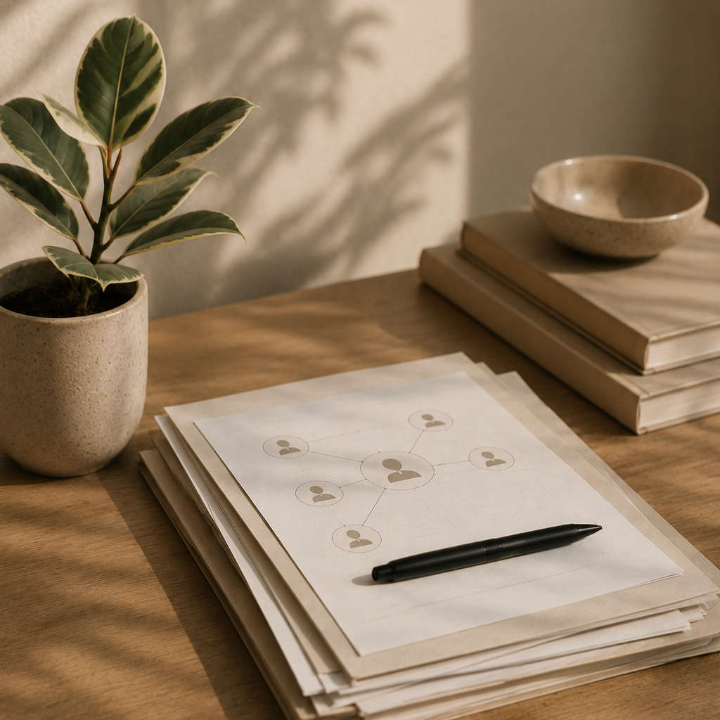 A workspace with a potted plant, a stack of books with a ceramic bowl on top, and a document with a network diagram and a pen on a wooden table.
