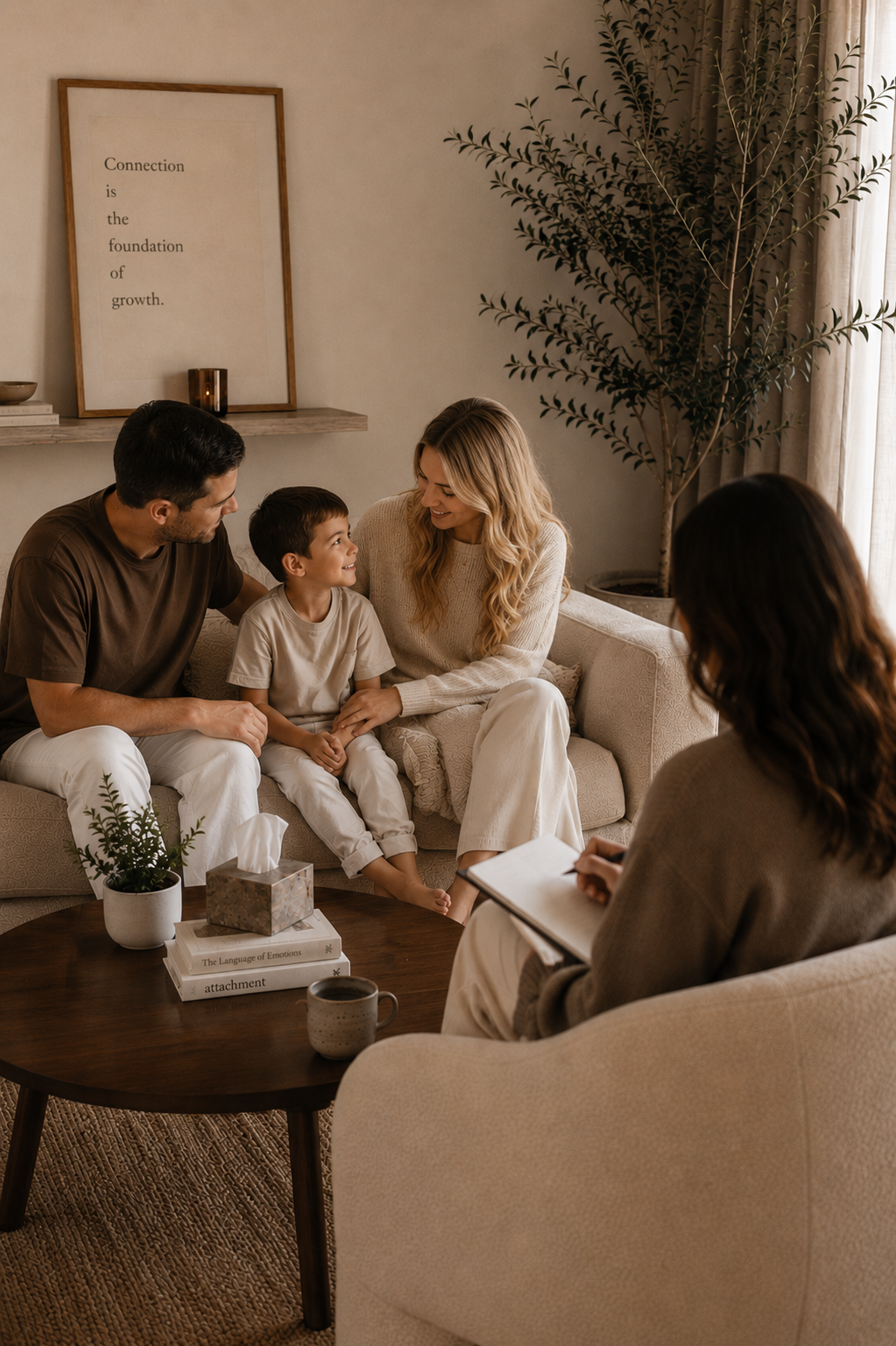 A family therapy session with four people in a cozy living room: a man, a woman, a young boy, and a woman taking notes. They are sitting on a sofa and armchair, engaging in a warm conversation. The room has neutral tones, potted plants, a framed quote on the wall, and a coffee table with books and a tissue box.