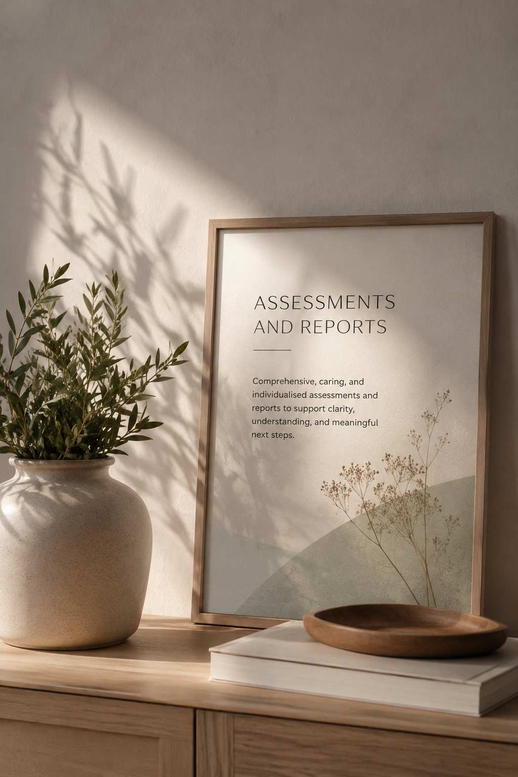 A framed poster titled 'Assessments and Reports' on a wooden surface with a vase of green plant and a wooden bowl, bathed in natural sunlight casting shadows on the wall.