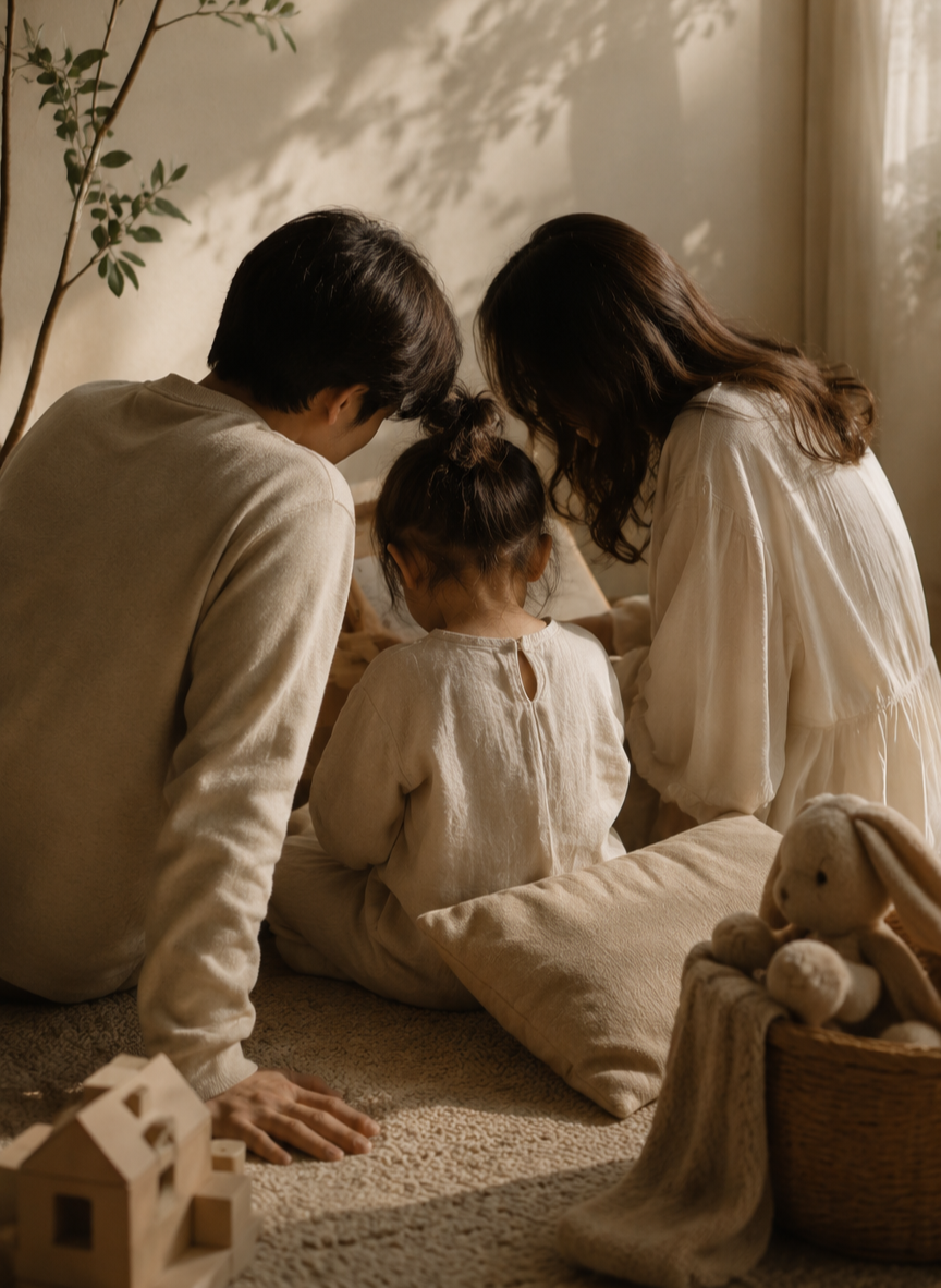 A family of three, a man, woman, and young girl, sit on the floor in a cozy, softly lit room with plants and toys nearby, sharing a tender moment together.