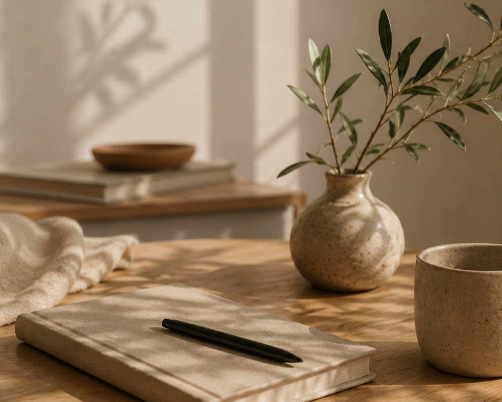 A cozy workspace with a wooden desk holding a closed notebook with a pen on top, a ceramic mug, a vase with green leaves, and a soft cloth. In the background, there are stacked books and a bowl, with sunlight casting shadows.