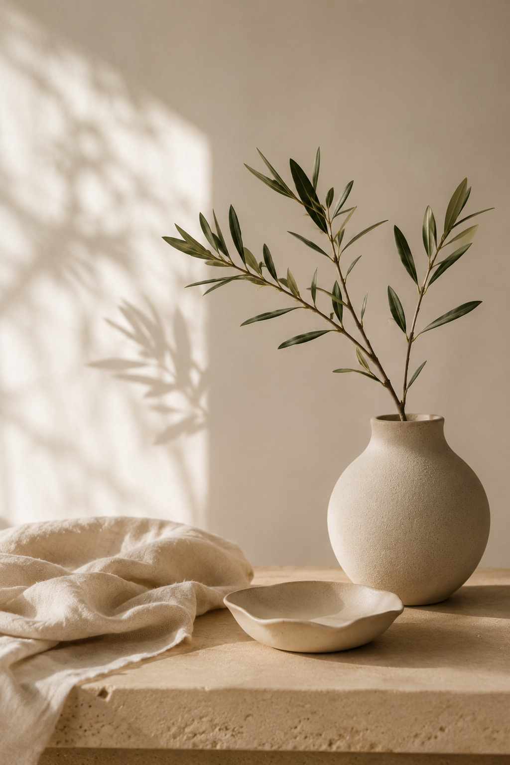 A minimalist still life with a beige vase containing green leafy branches, a small beige dish, and a soft white cloth on a wooden surface, with shadows of the branches cast on a plain wall.