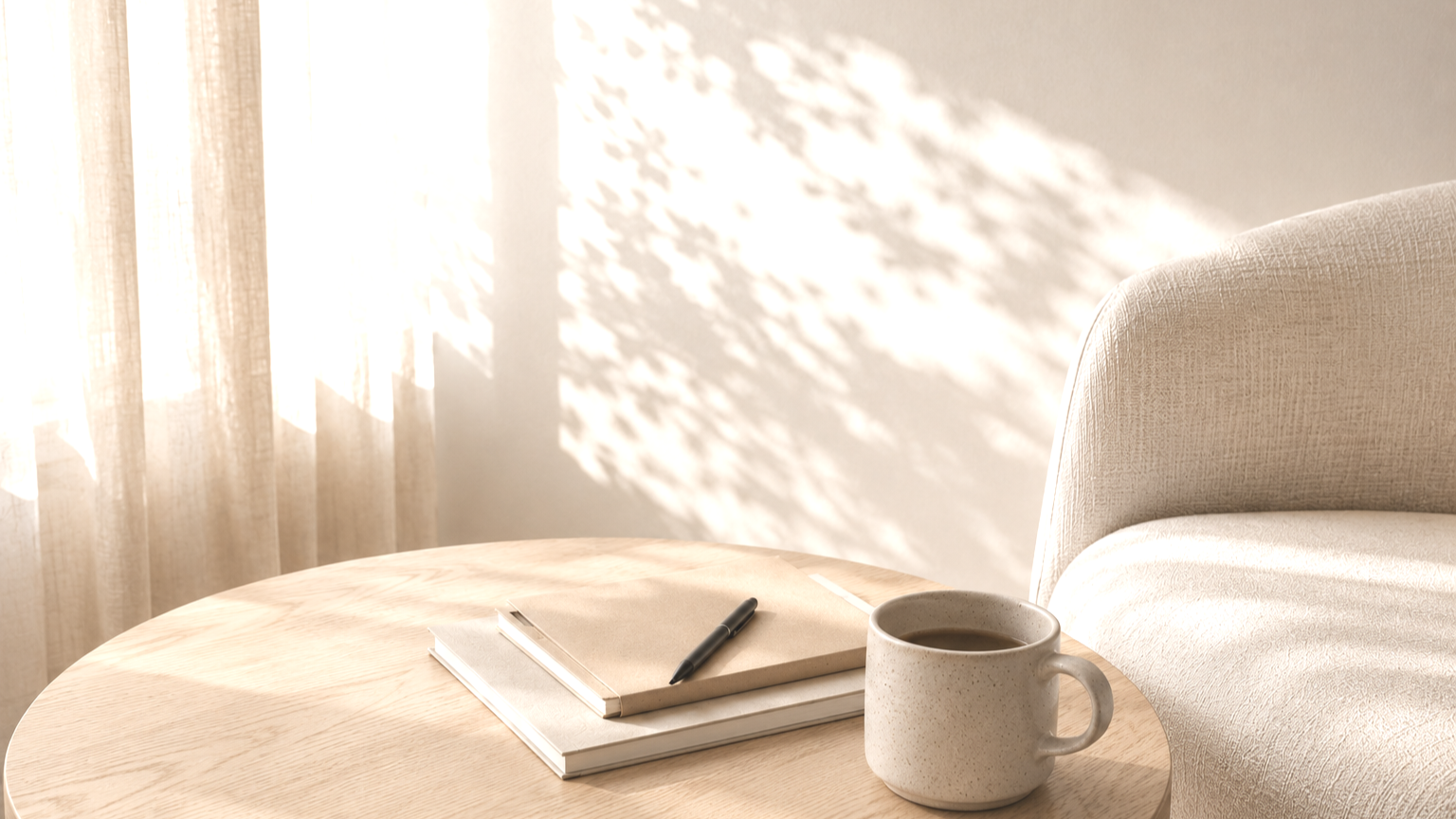 A cozy, sunlit corner with a round wooden table, a beige textured armchair, a notebook with a pen on top, and a speckled white coffee mug filled with coffee. Sunlight casts shadows through curtains onto the wall.