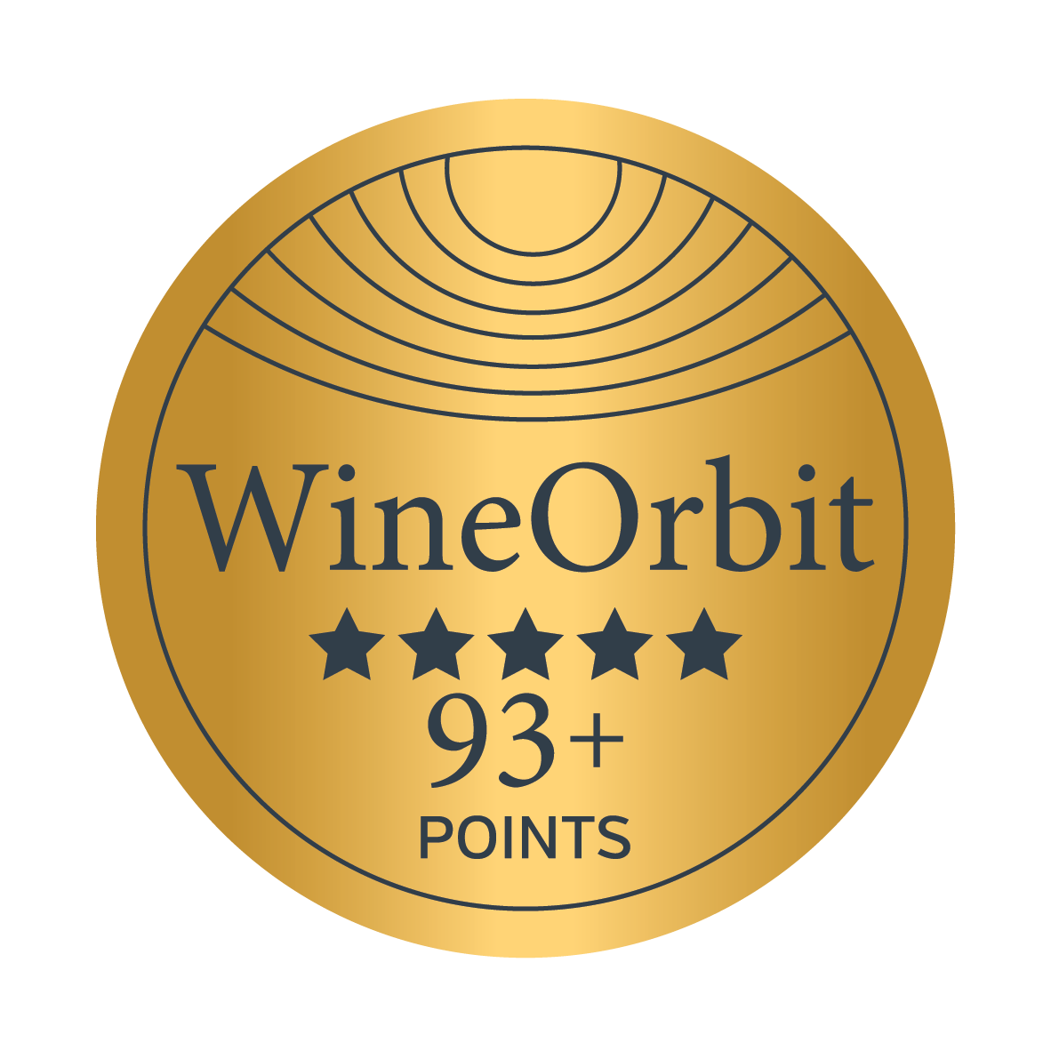 Gold medal or badge with the text "WineOrbit," five stars, "93+ POINTS," on a black background.