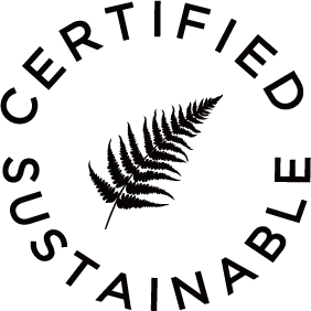 Certified sustainable logo with a fern leaf in the center.