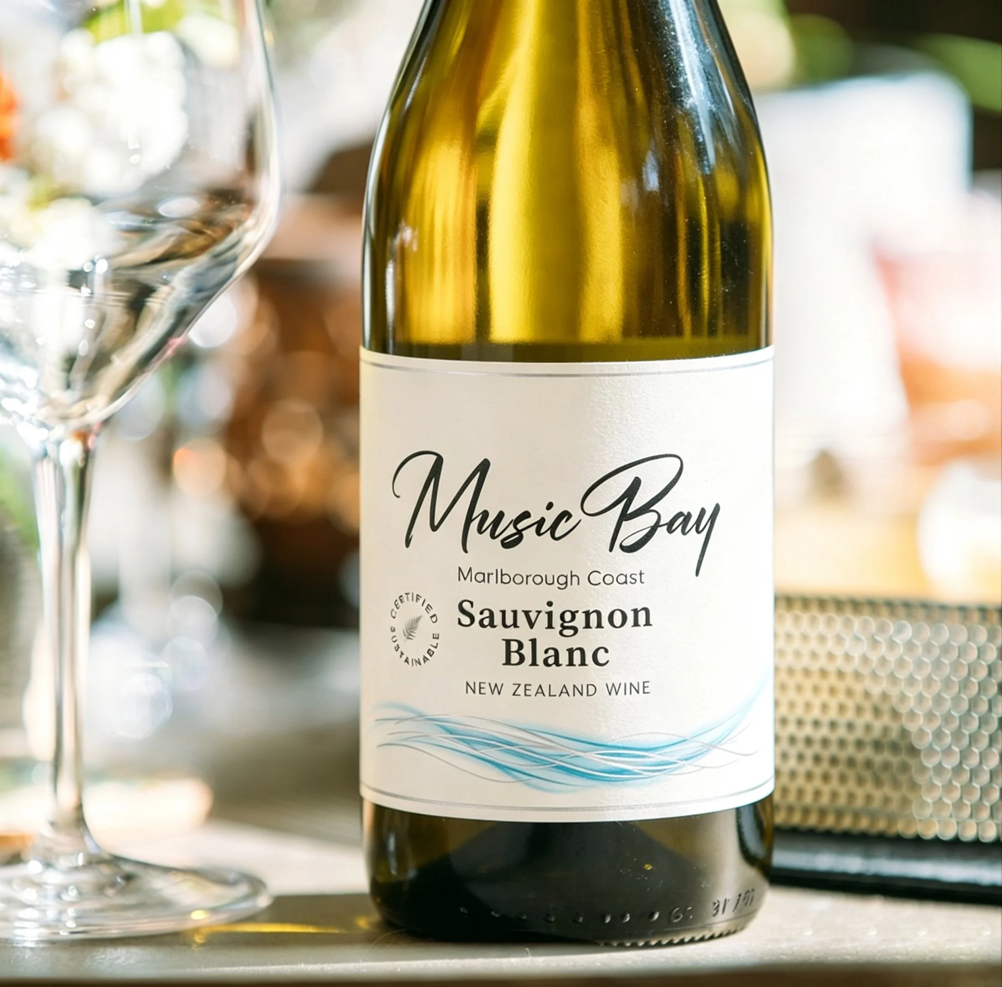 A close-up of a wine bottle labeled "Music Bay" with a white background, placed on a table next to a glass of white wine, with blurred background of a dining or kitchen area.