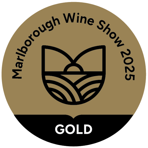 Gold medal logo for the Marlborough Wine Show 2025 featuring a stylized wine and landscape design.