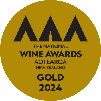 Gold circular trophy with the text 'The National Wine Awards AOTEAROA New Zealand Gold 2024' and a stylized wine glass logo.