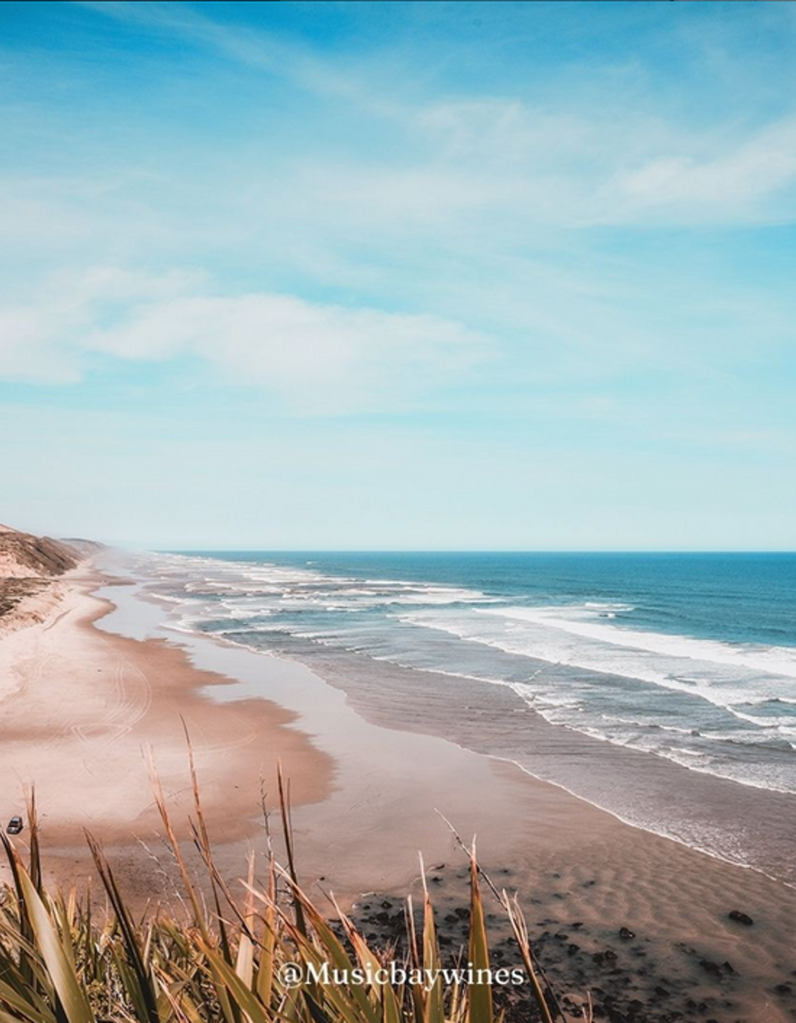 The image shows a beach with soft sand, ocean waves, and a partly cloudy sky. There are some dry grasses in the foreground and a car parked near the shoreline. The watermark 'Musicbaywines' is visible at the bottom.
