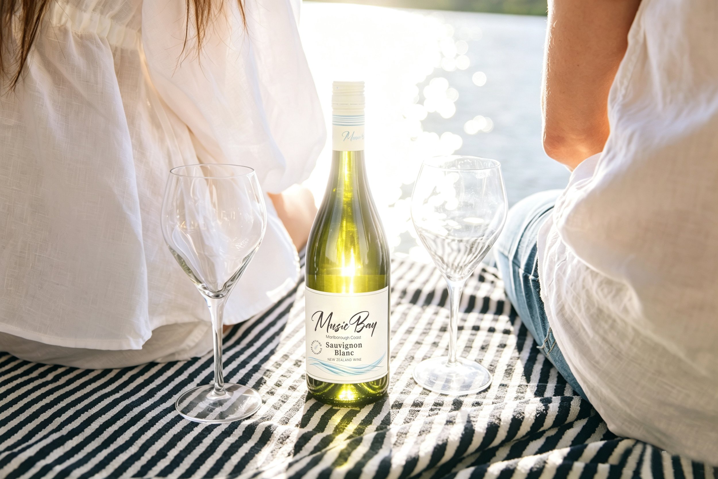 A bottle of Sauvignon Blanc wine on a black and white striped tablecloth, surrounded by three empty wine glasses, with two people sitting nearby outdoors near a body of water.