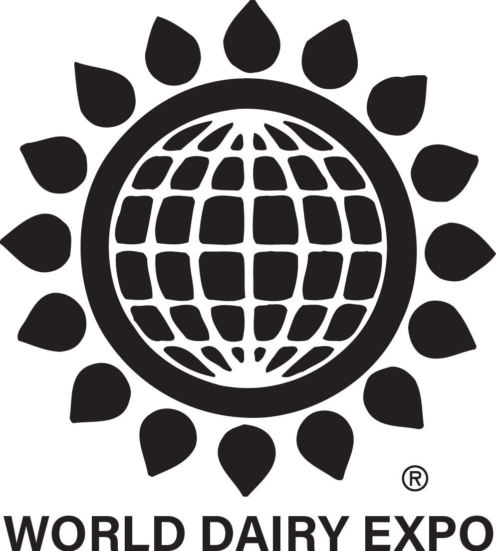Logo for World Dairy Expo featuring a stylized globe surrounded by cow spots.