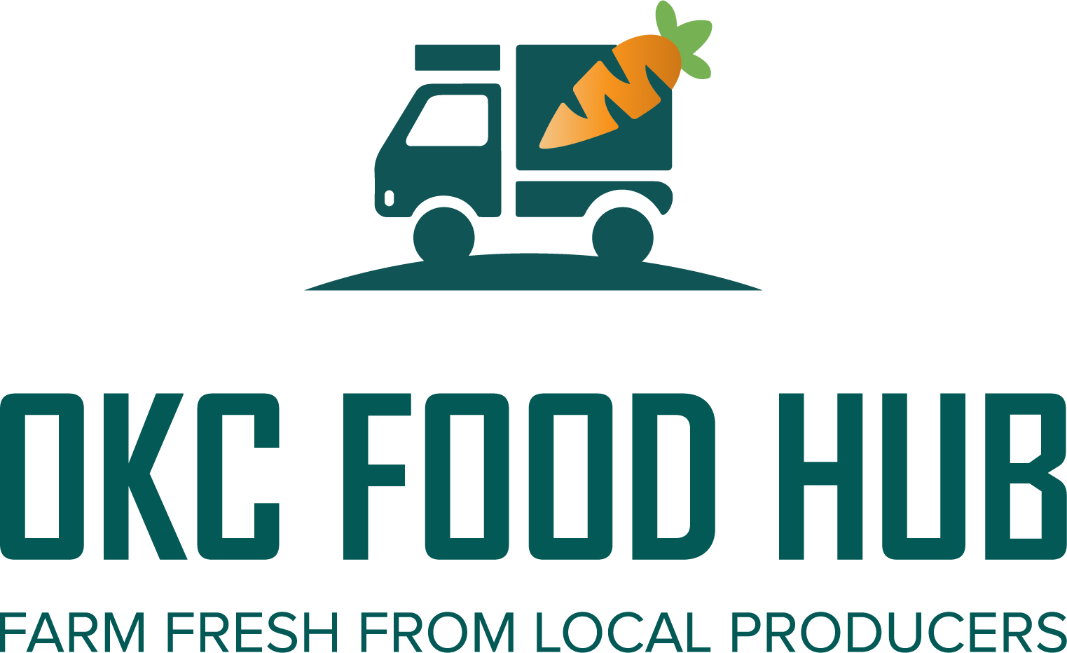 Logo for OKC Food Hub featuring a teal food truck with a large carrot on its side and the slogan 'Farm Fresh from Local Producers'.
